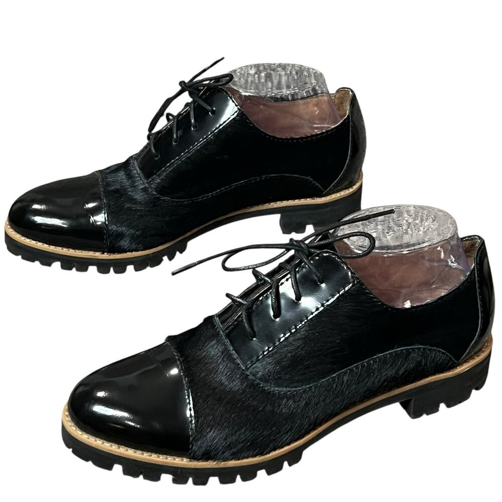 All Black Oxford Shoes Women US 9 EU 39.5 Black Calf Hair Patent Leather Cap Toe - Picture 2 of 13